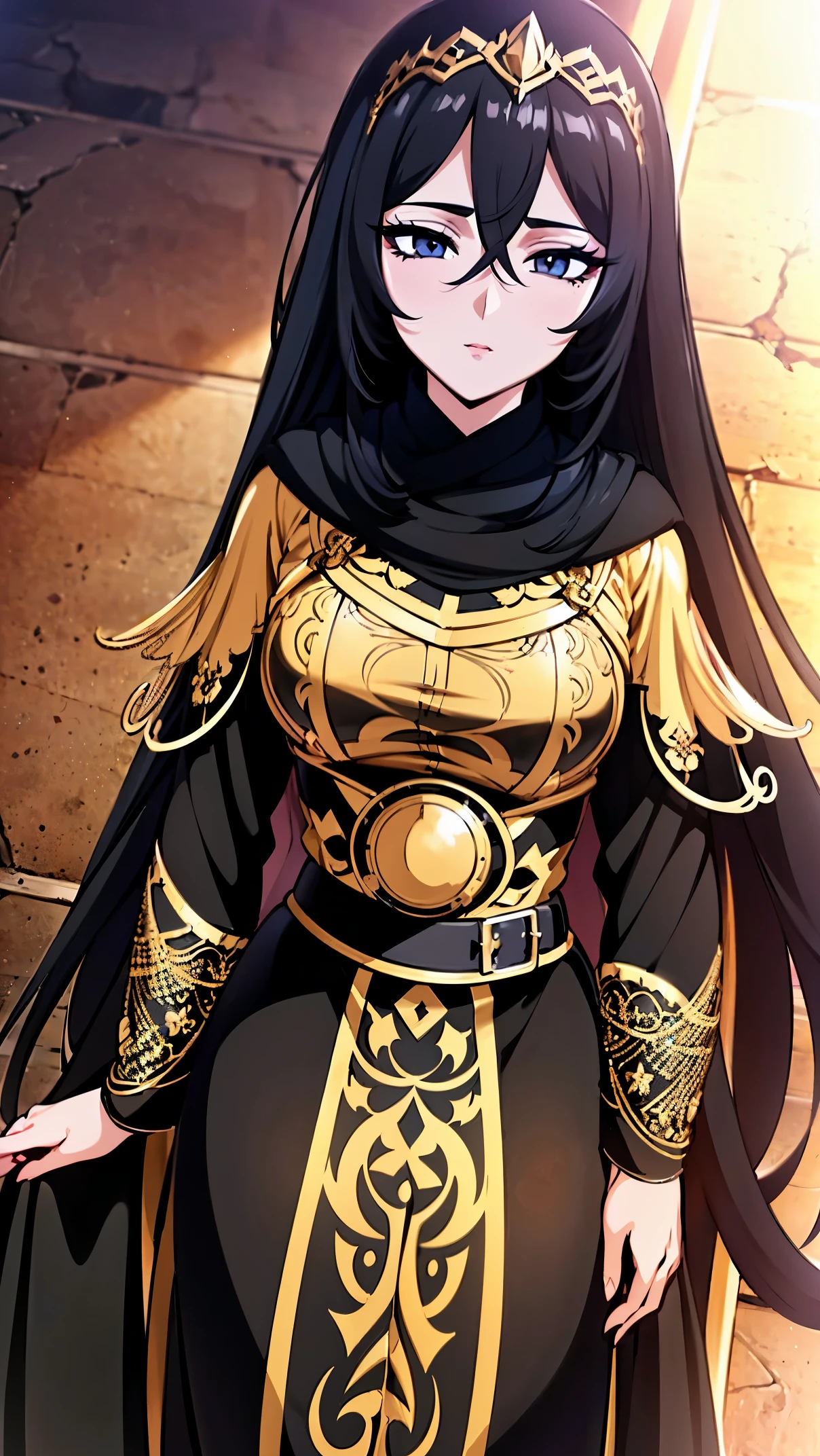 Anime,Girl1,black long hair, black eyes,Long eyelashes,(Black eye shadow),(Black Arabic abaya dress,Gold waist belt),(Highly detailed CG,module,8K wallpapers)،(Highest quality, high resolution, beautiful lighting, realistic shadow, high resolution)،(Detailed skin, highly detailed, detailed faces and eyes, realistic eyes)