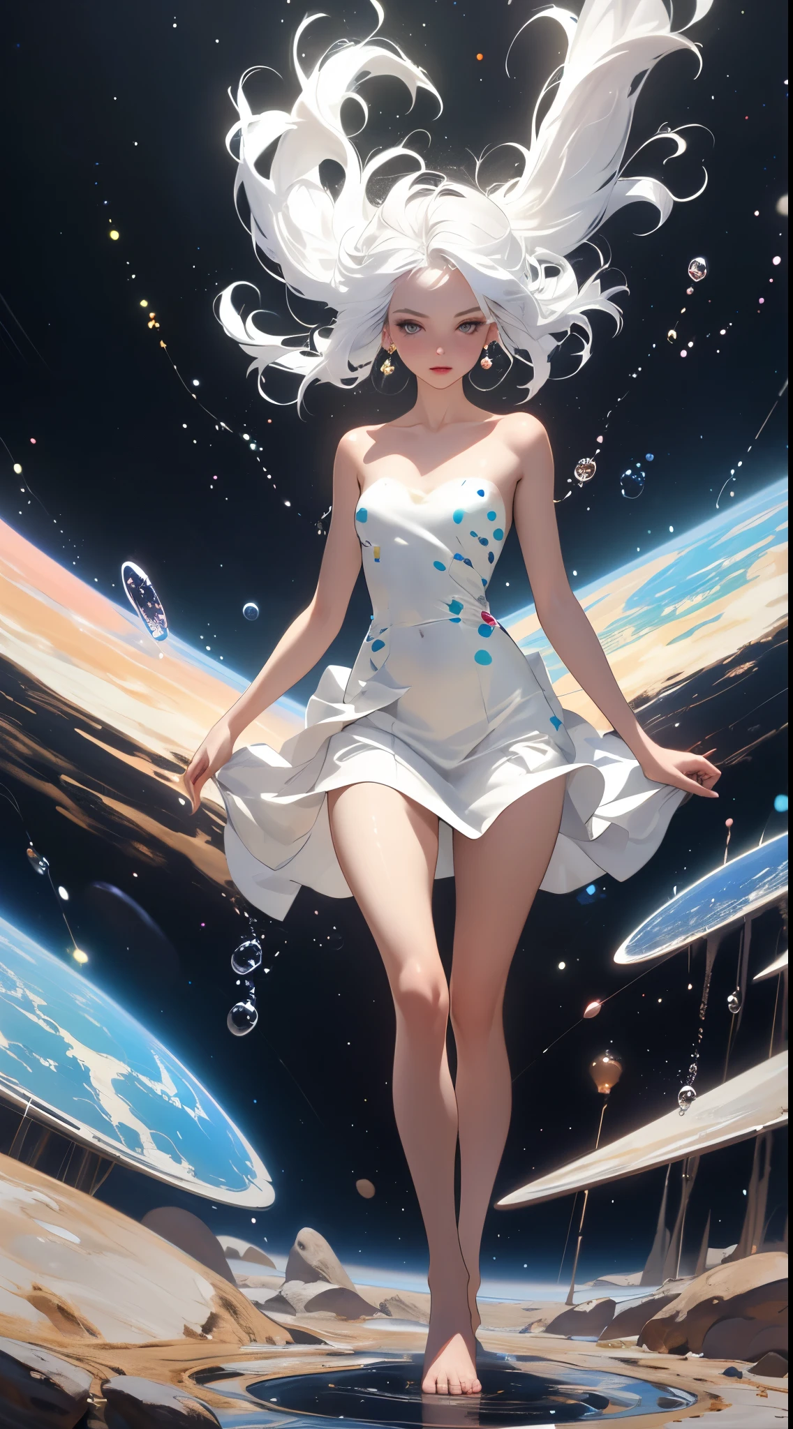 (tmasterpiece, Best quality at best:1.2), (ultra - detailed),(lamplight), Wallpapers, Original,
1 girl, Messy White Hair, thin shoulder strap, White dress, bare-legged, The barefoot, Naked arms, the space, Earth background, Low Earth orbit,
,(Surrounded by colorful spots and dots),Colorful bubbles,(Shiny)