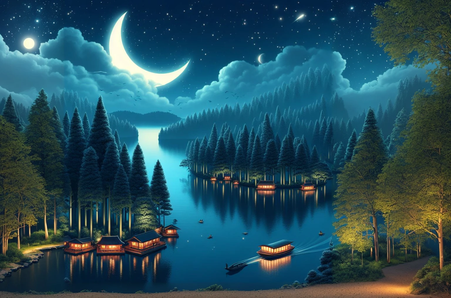 professional high exposure photo, un hermoso paisaje nocturno con luna creciente, laguna y bosque. en medio de la laguna, un bote con luces. uhd
