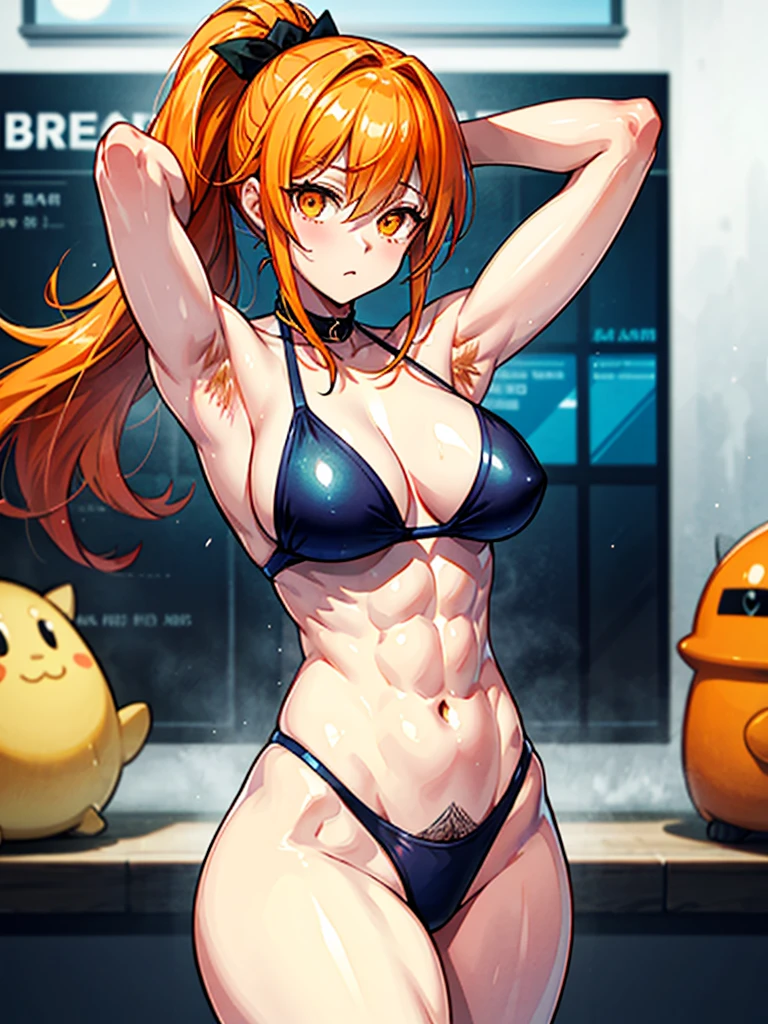 (((masterpiece、Highest image quality、highest quality、highly detailed unity 8kwallpaper)))、((Illustration of one girl))、(((beautiful girl)))、((orange hair、side ponytail、sidelocks:1.4、orange eyes))、(((stocky build, thickset physique:1.3, muscular legs, broad shoulders, solid chest)))、(((orange hairy armpits:1.4)))、(armpit hair:1.4)、swimsuit、sandy beach