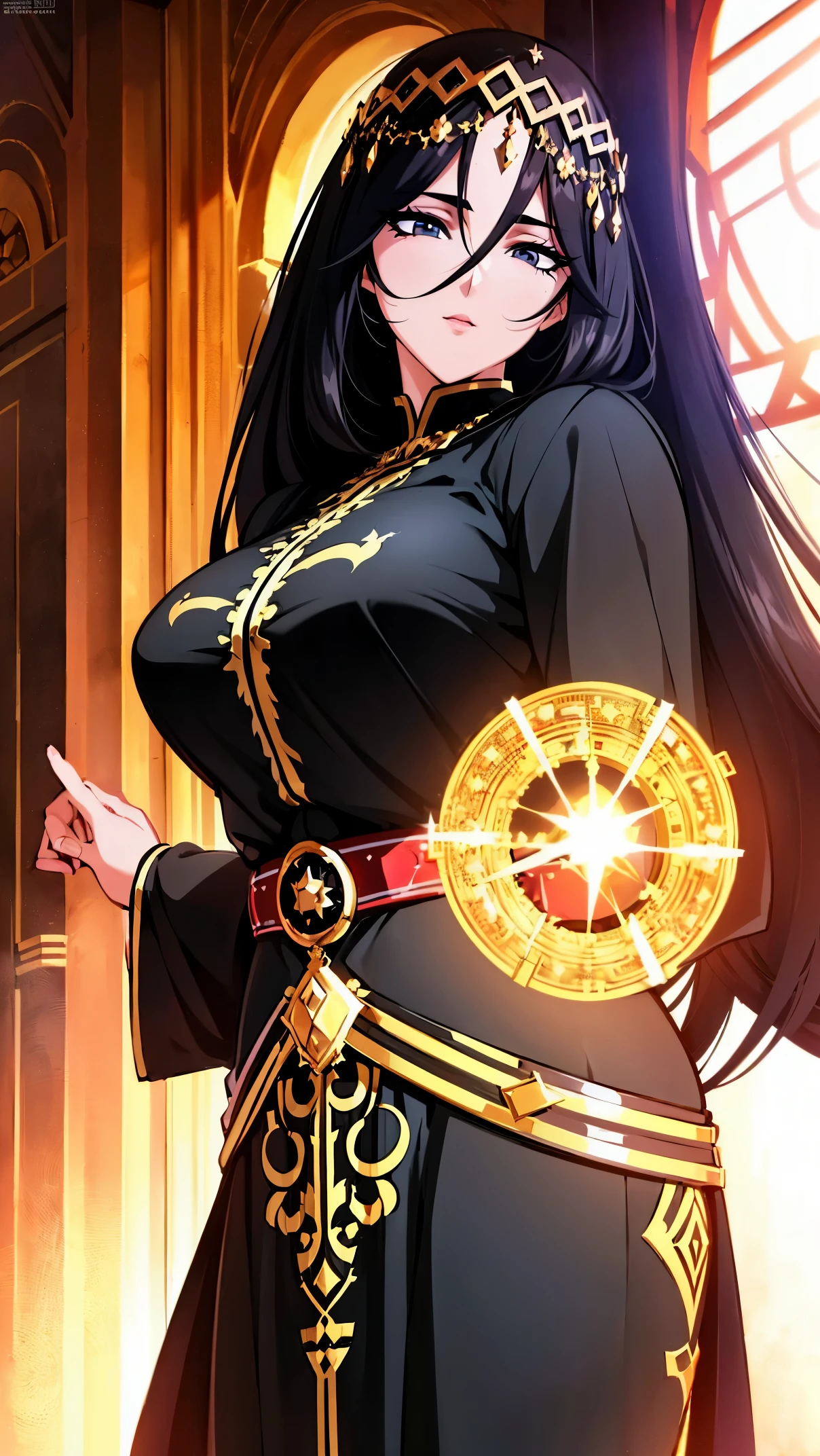 Anime,Girl1,black long hair, black eyes,Long eyelashes,(Black eye shadow),(Black Arabic abaya dress,Gold waist belt),(Highly detailed CG,module,8K wallpapers)،(Highest quality, high resolution, beautiful lighting, realistic shadow, high resolution)،(Detailed skin, highly detailed, detailed faces and eyes, realistic eyes)