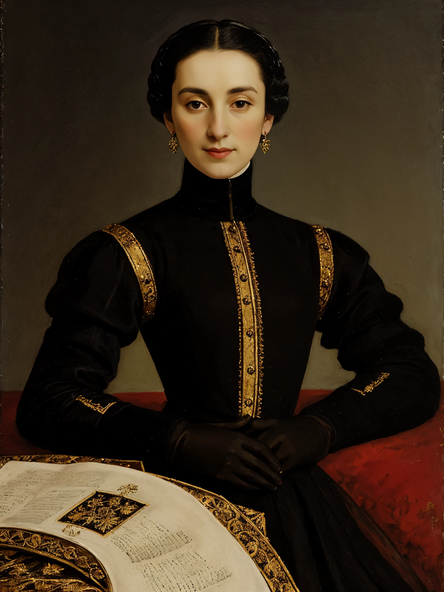 Art by Sofonisba Anguissola, black haired noblewoman with fancy black and gold turtleneck dress