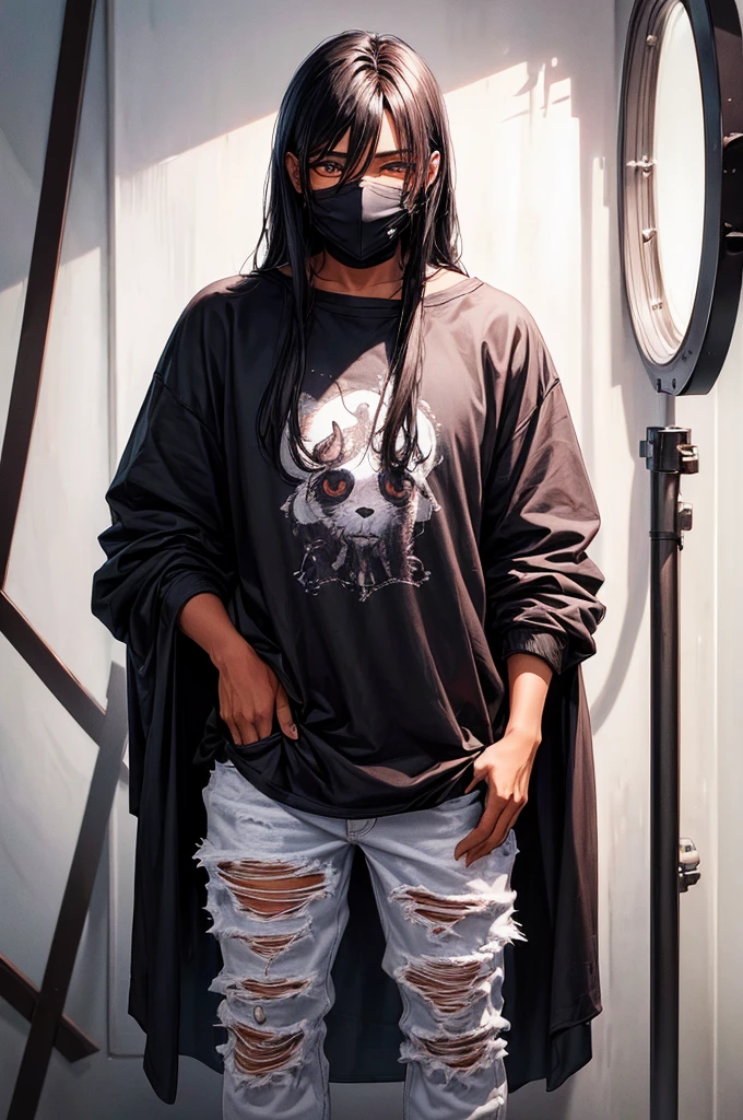 ((Best quality)), ((masterpiece)), top quality), standing alone, dark-skinned, wearing face mask, fluffy black hair, shoulder length,Pure white eyes, his eyes are white, young man, male, black shirt with monsters on it, ripped jeans, 
