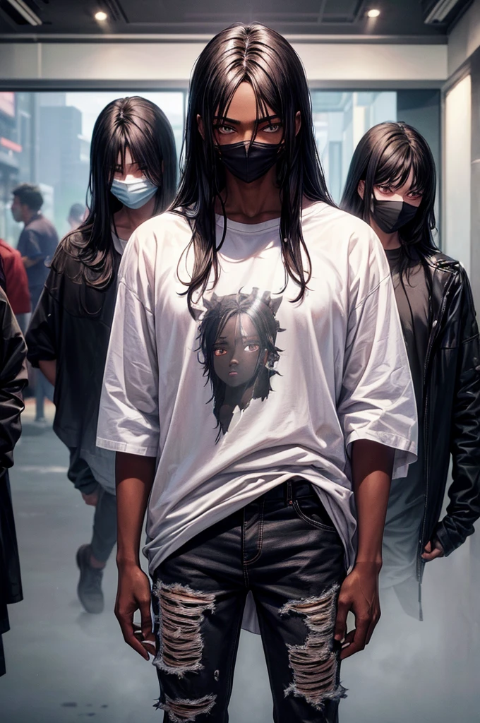 ((Best quality)), ((masterpiece)), top quality), standing alone, dark-skinned, wearing face mask, fluffy black hair, shoulder length,Pure white eyes, his eyes are white, young man, male, black shirt with monsters on it, ripped jeans,