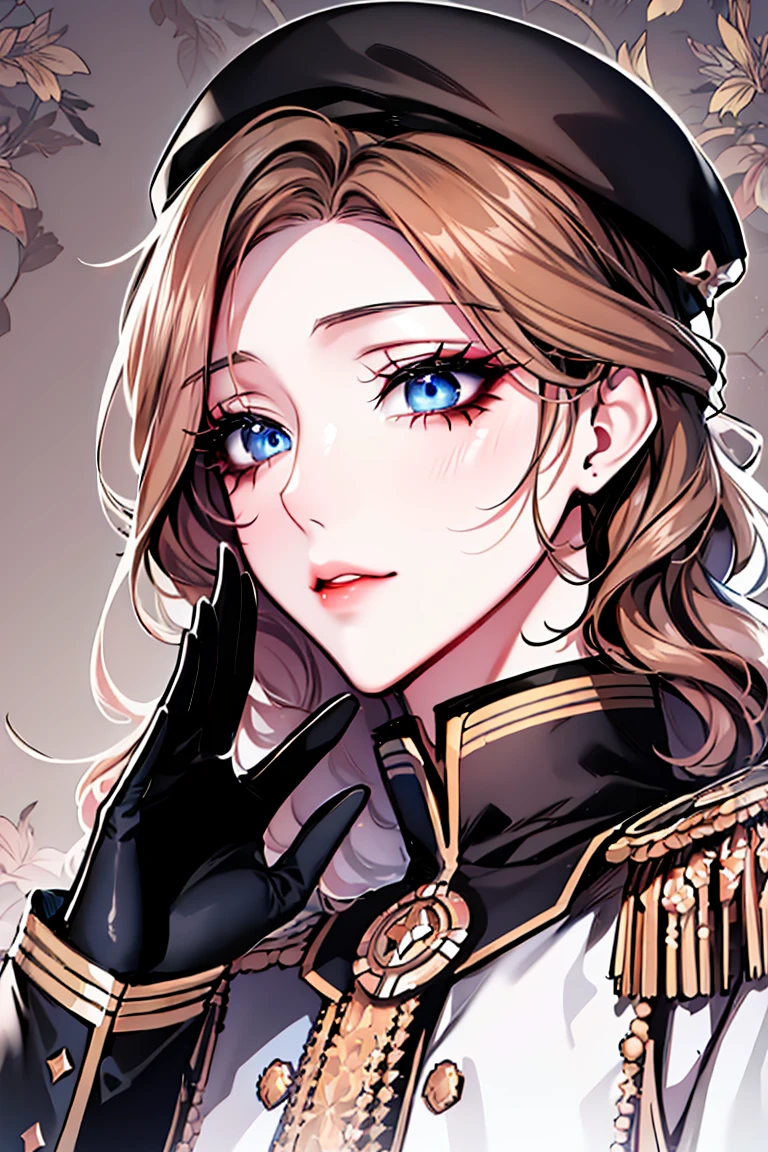 (shoujo-style), floral background, romance manhwa, shiny gloves and black beret, glamorous proportion, brown curry hair, (beautiful eyes), perfect face, face focus, (epaulettes), Salute , gleaming skin, mascara, long eyelashes, perfect eyes, (face focus),