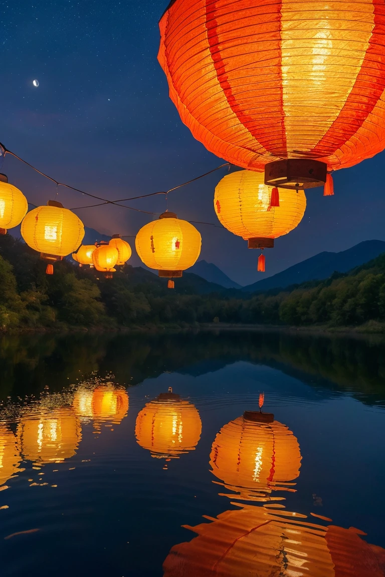 (Best quality,4K,8K,A high resolution,Masterpiece:1.2),Ultra-detailed,(Realistic,Photorealistic,photo-realistic:1.37),Painting,landscape,Autumn,traditional Chinese festivals,Chinese lanterns,Bright scene,Vivid colors,detailed scenic view,full moon,Lush gardens,Crimson sky,Tranquil atmosphere,traditional architecture,artistic rendition,traditionalcostumes,Delicious mooncakes,Lovely lanterns,peaceful night,celebrating,a joyful atmosphere,Distant mountains,Gentle breeze,glowing candles,Community gatherings,The moonlight casts soft shadows,Traditional music,mystical ambiance,colorful adornments,reflection on the lake,Serene face,Enjoy lantern riddles,Admire the full moon,Full of happiness,Family reunion,Unity and harmony.Perfectcomposition