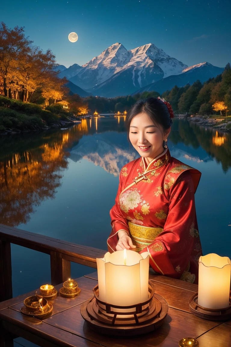 (Best quality,4K,8K,A high resolution,Masterpiece:1.2),Ultra-detailed,(Realistic,Photorealistic,photo-realistic:1.37),Painting,landscape,Autumn,traditional Chinese festivals,Chinese lanterns,Bright scene,Vivid colors,detailed scenic view,full moon,Lush gardens,Crimson sky,Tranquil atmosphere,traditional architecture,artistic rendition,traditionalcostumes,Delicious mooncakes,Lovely lanterns,peaceful night,celebrating,a joyful atmosphere,Distant mountains,Gentle breeze,glowing candles,Community gatherings,The moonlight casts soft shadows,Traditional music,mystical ambiance,colorful adornments,reflection on the lake,Serene face,Enjoy lantern riddles,Admire the full moon,Full of happiness,Family reunion,Unity and harmony.Perfectcomposition