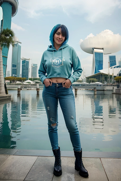 Model, blue hair, thick hair, clean face, green eyes, big boos, wearing a hoodie and jeans, boots in feet , smiling, at the marina bay sands singapore, autumn weather