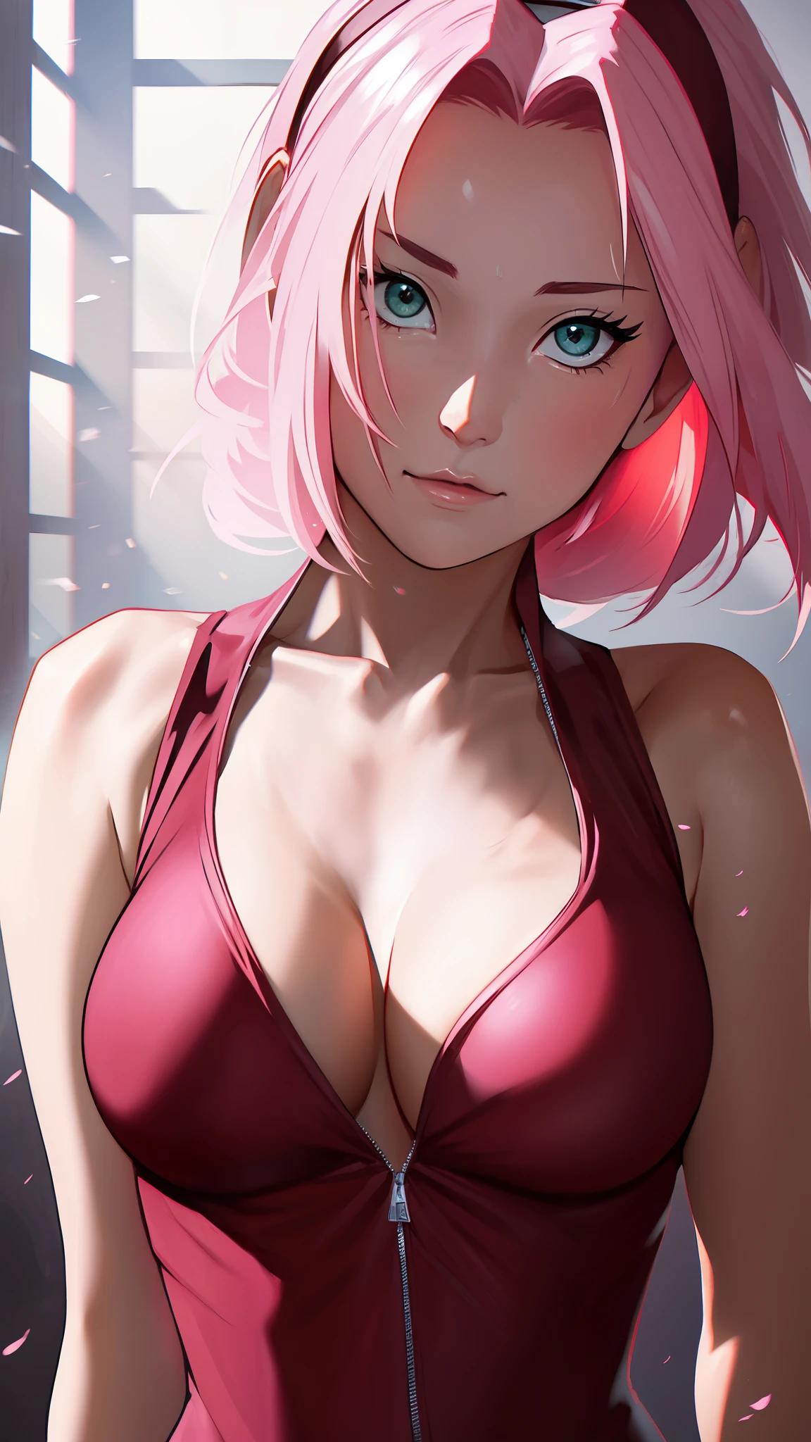 Sakura super realistic,sexy one piece ninja suit, one-girl,Large breasts,cleavage,Be red in the face,best quality,masterpiece,sharp fokus, contrasty lighting, Delicate skin, High resolution 8K, insanely details, realistically, professional photoshooting, 8K UHD, SLR camera, soft lighting, high high quality, film grain, Fujifilm XT3,Keep one's mouth shut,particle fx