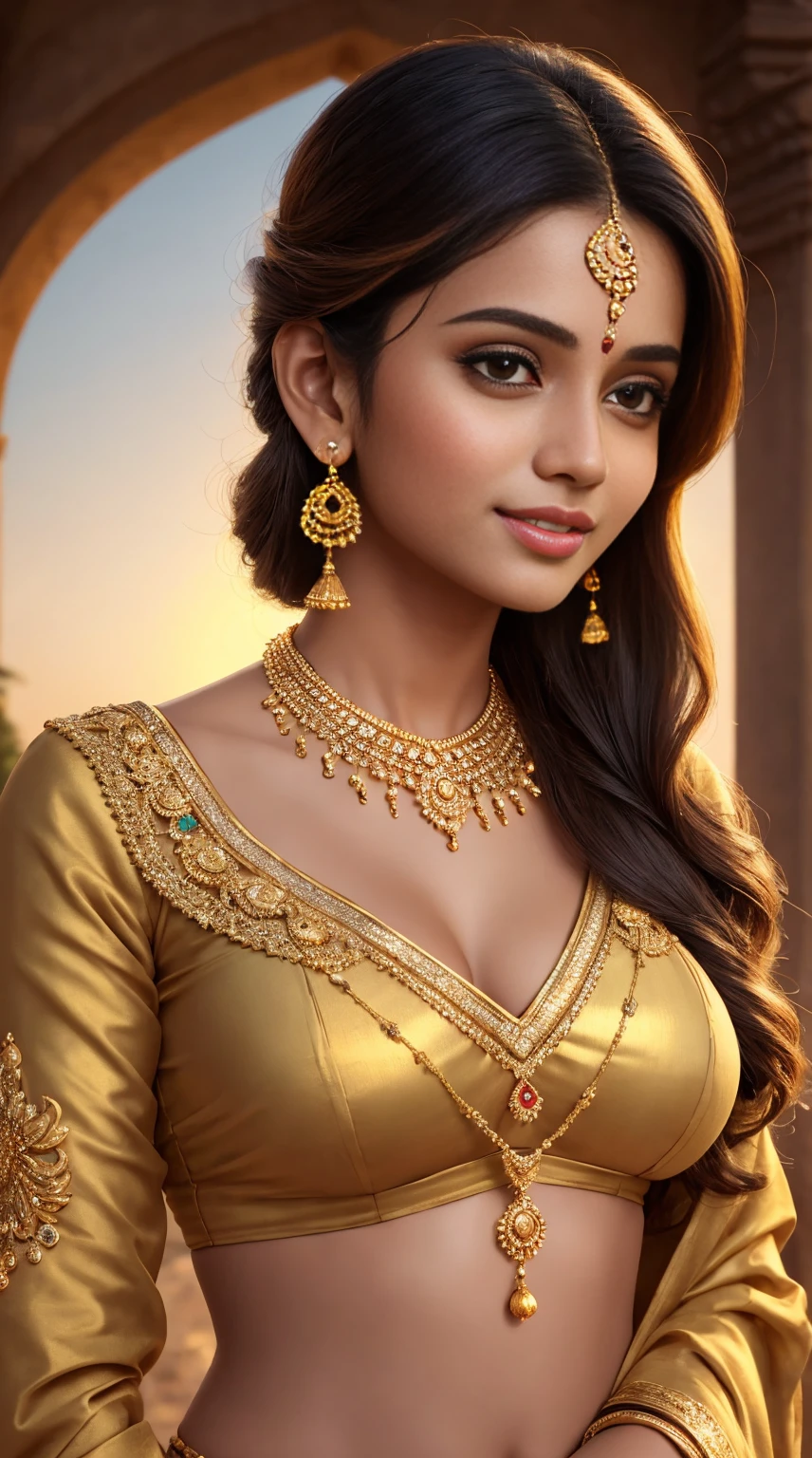 late evening scenario, photoshoot, beautiful 20 yo Tamil girl (shy smirk:1.4), facing the camera, in a black designer saree, golden half sleeve blouse, petticoat, leaning against a rock in the seashore, glowing flawless skin, holding saree mundhanai on her right hand above her head, showing front bodice round deep navel cleavage armpits, golden bangles, waist chain, gold pendant thin necklace, earrings, ponytail, show full body in the image, wide angle, long shot, meticulous detailing of face & eyes & nose & lips & anatomy & background, eyes symmetry, masterpiece, high quality, natural lighting cinematic effects, evening sky, vibrant colors, setting sun trees birds full moon people playing children in background, ornate, hyper maximalist, meticulous detailing of faces, hyper realistic background, big breast