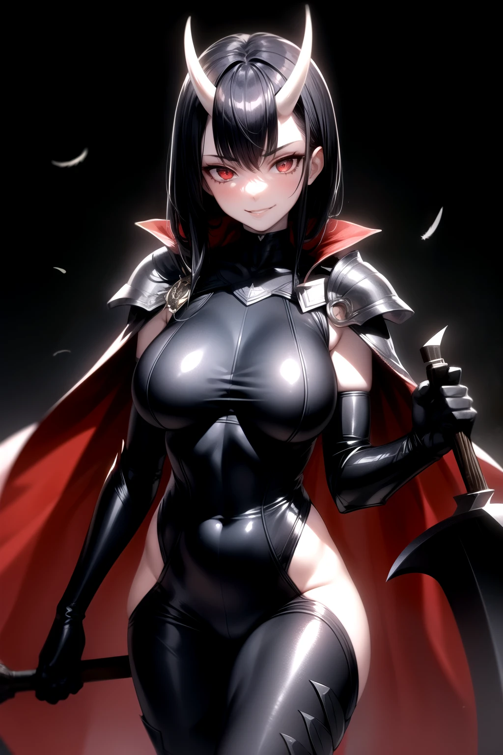  1girl,large breasts, solo, black hair,red eyes,black theme,smirk,feather ,bodysuit ,shoulder armors,pale skin,shiny cloth ,demon horn,axe in hand,cape