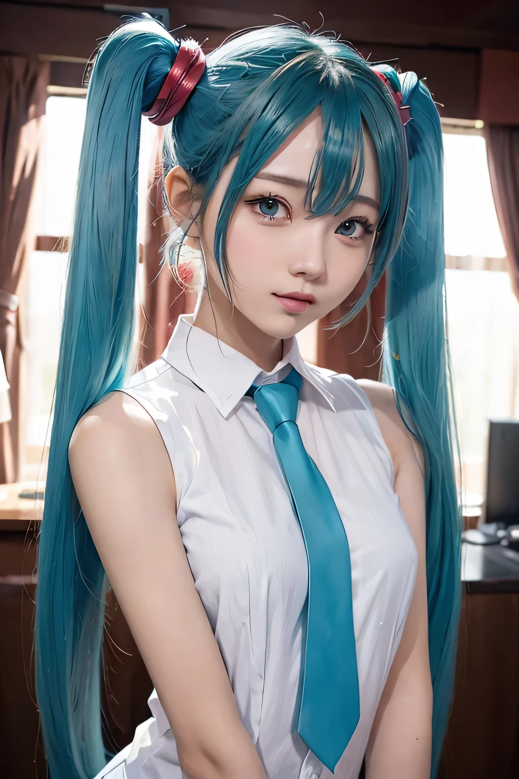 {The theme is Hatsune Miku}、(White Sleeveless Long Shirt:1.3)、((turquoise tie))、 (Red hairpin:1.3)、(twin tails、crazy turquoise long hair:1.3)、, shiny hair, expressive hair, crystal hair, gradient eyes, Artistic, conceptual art, glitter effect , shine, UHD, retina, masterpiece, Accurate, anatomically correct, Super detailed, high detail, fine skin,((flat body、slim、cute:1.3))、