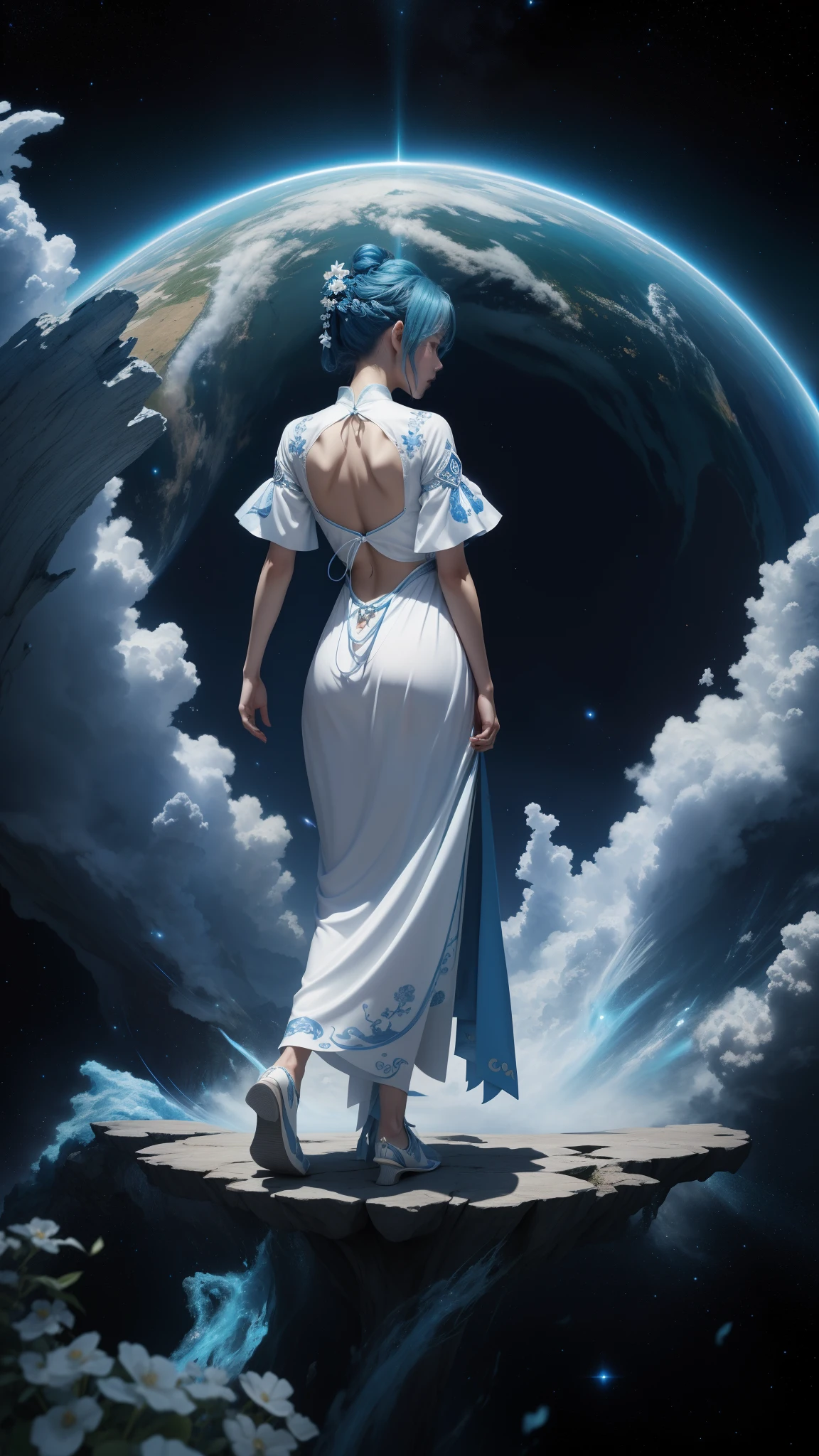 (first person perspective, in a panoramic view,magic realism,surrealism,Chiaroscuro, anime illustration:1.5,,Masterpiece, hyper HD, Super detail, High details, Best quality, A high resolution, A high resolution, Award-Awarded, Award-Awarded, Anatomically correct, 8K),(Delicate anime girl:1.5,Turn your back to the audience:1.6,blue hairs,,Gaze at the earth in front of you:1.5,There a huge Earth suspended in space,A brilliant nebula in the background:1.8),( Chic girl,anatomy correct,Cinematic lighting,senior color matching,Dark background),(Close up of 1 delicate girl's back),(blue hairs:1.5,Anime girl in white dress:1.2,red waistband,palaces,hanfugirl,gaze front:1.5),(Guviz-style artwork,Guvitz,inspired by Leng Mei,Inspired by Lee Mei Shu,Popular on CGstation,Inspired by Ai Xuan,Blue and white Hanfu,a beautiful fantasy empress:1.5),(A flowing dress,conservative girl,cloud goddeslowing blue and white patterned fabric,wearing flowing dress,Realistic)