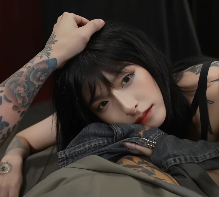 4k,arafed woman with tattoos laying on a man's back, charli bowater and artgeem, she has black hair with bangs, alessio albi, with tattoos, tattooed, photo from a promo shoot, inspired by Elsa Bleda, jean deville, inspired by Nan Goldin, by Galen Dara, promo still, movie still of a tired