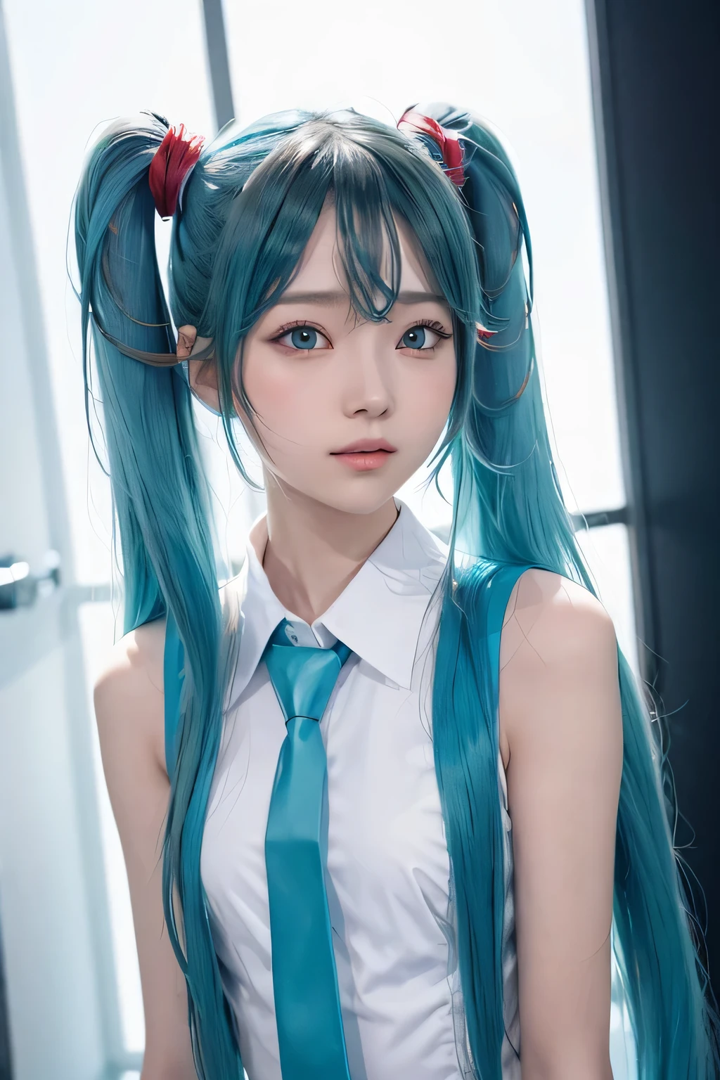 {The theme is Hatsune Miku}、(White Sleeveless Long Shirt:1.3)、((turquoise tie))、 (Red hairpin:1.3)、(twin tails、crazy turquoise long hair:1.3)、, shiny hair, expressive hair, crystal hair, gradient eyes, Artistic, conceptual art, glitter effect , shine, UHD, retina, masterpiece, Accurate, anatomically correct, Super detailed, high detail, fine skin,((flat body、slim、cute:1.3))、