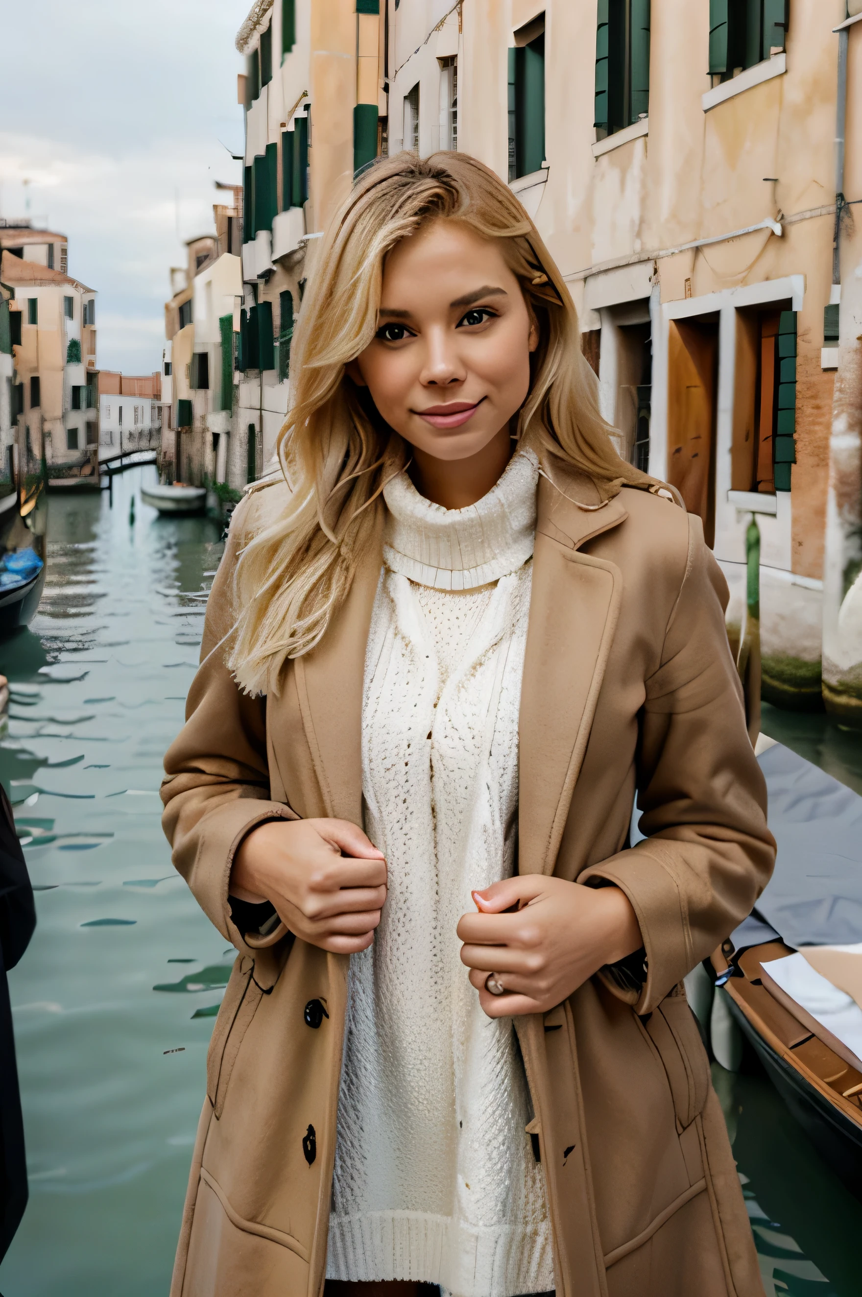 blond woman wearing a coat, visiting venice, italy, during winter, posing, traveling