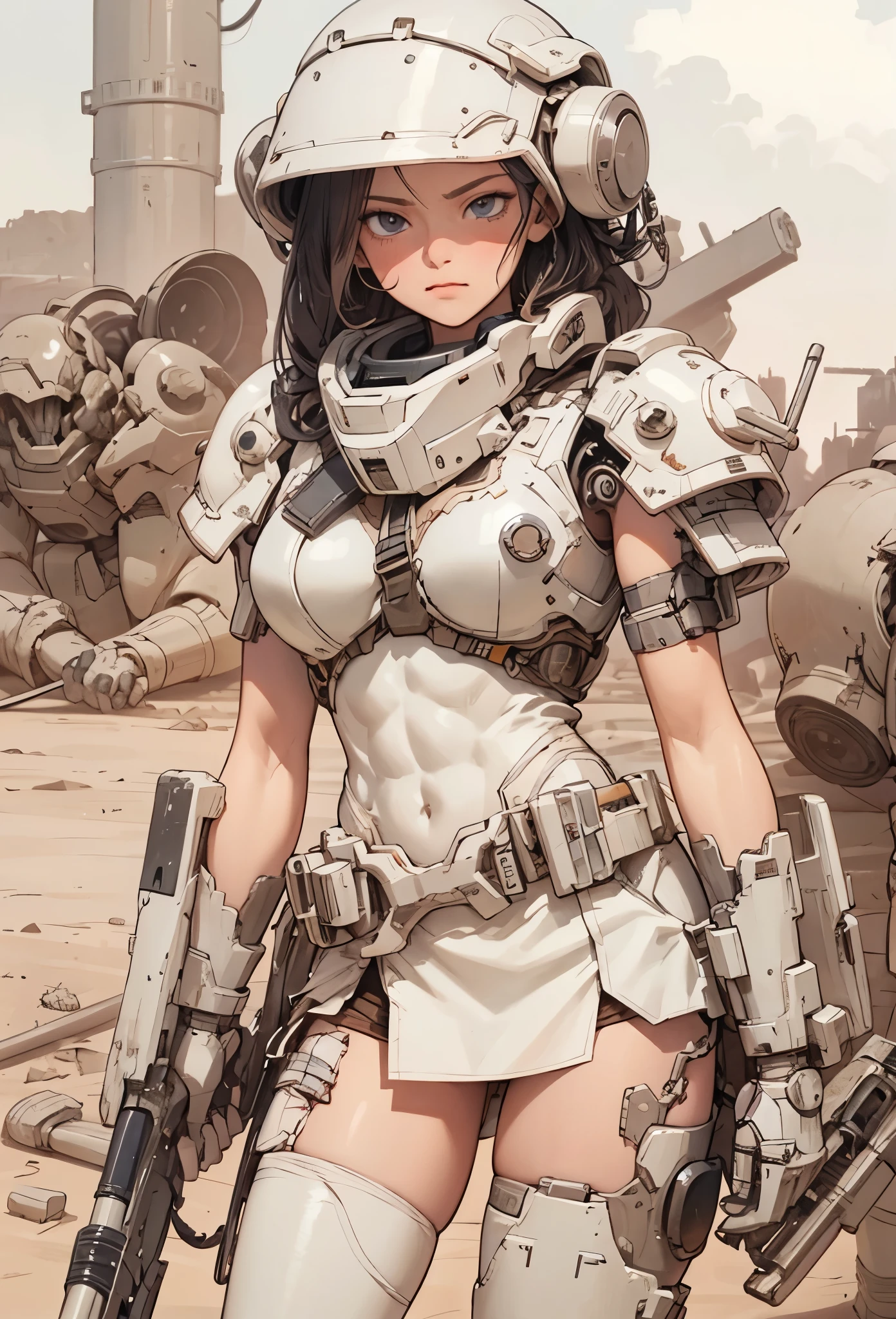 (detailed illustrations,Very detailed and precise drawing,Delicate drawn lines with tempo,Realistic texture expression),[color traced main line],(Martian battlefield [Desert Ruins]),[solo],HENTAI ((ANIME) BIONICGirl) Beauty ())((muscular)) [SKINNY],cyborg [MACHINEARMY Mobile Infantry Military],Bullet belt [Hood cloak [Brute knife]] [Heavy Mace [javelin]] [[Shells Mortars Grenades]],gravure [[cat fight]] Battle Damage,[retro future],(intricate and beautiful decoration [Dense detail]),(Fine and beautiful skin expression [transparency]),[完璧な目のdetailed (Beautifully detailed iris)[eyes like jewels]],[long and beautiful eyelashes],[precisely drawn hair [美しく艷やかな髪のdetailed]],(完璧な手のdetailed [Beautiful fingers with no damage [beautiful nails]]),(perfect anatomy(perfectly balanced proportions))[[full body portrait]],[[Design built to the highest level]][ideal color coordination(Accurate simulation of light and material interactions)],([Precision Detail](detailed,High definition)),[Visual art that tells a story].
