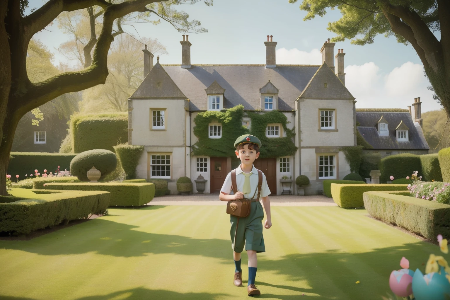 1940s English Manor Easter Egg Hunt (Location: Cornwall):
Character: A ten boy with a flat cap and a satchel, searching for Easter eggs on the grounds of a Cornish manor.
Setting: The expansive gardens of a Cornish manor, where he partakes in a festive Easter egg hunt. Capture the joyous celebration with Wes Anderson's playful and pastel color palette.