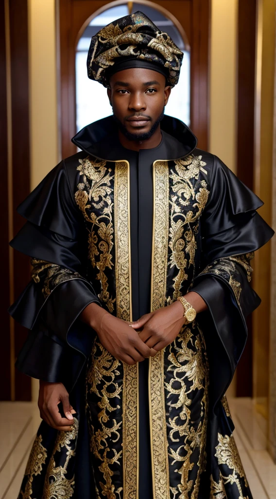 A black guy in a brocade high fashion layered peplum mermaid robe with layered sleeves and large headgear, in an Abuja gala