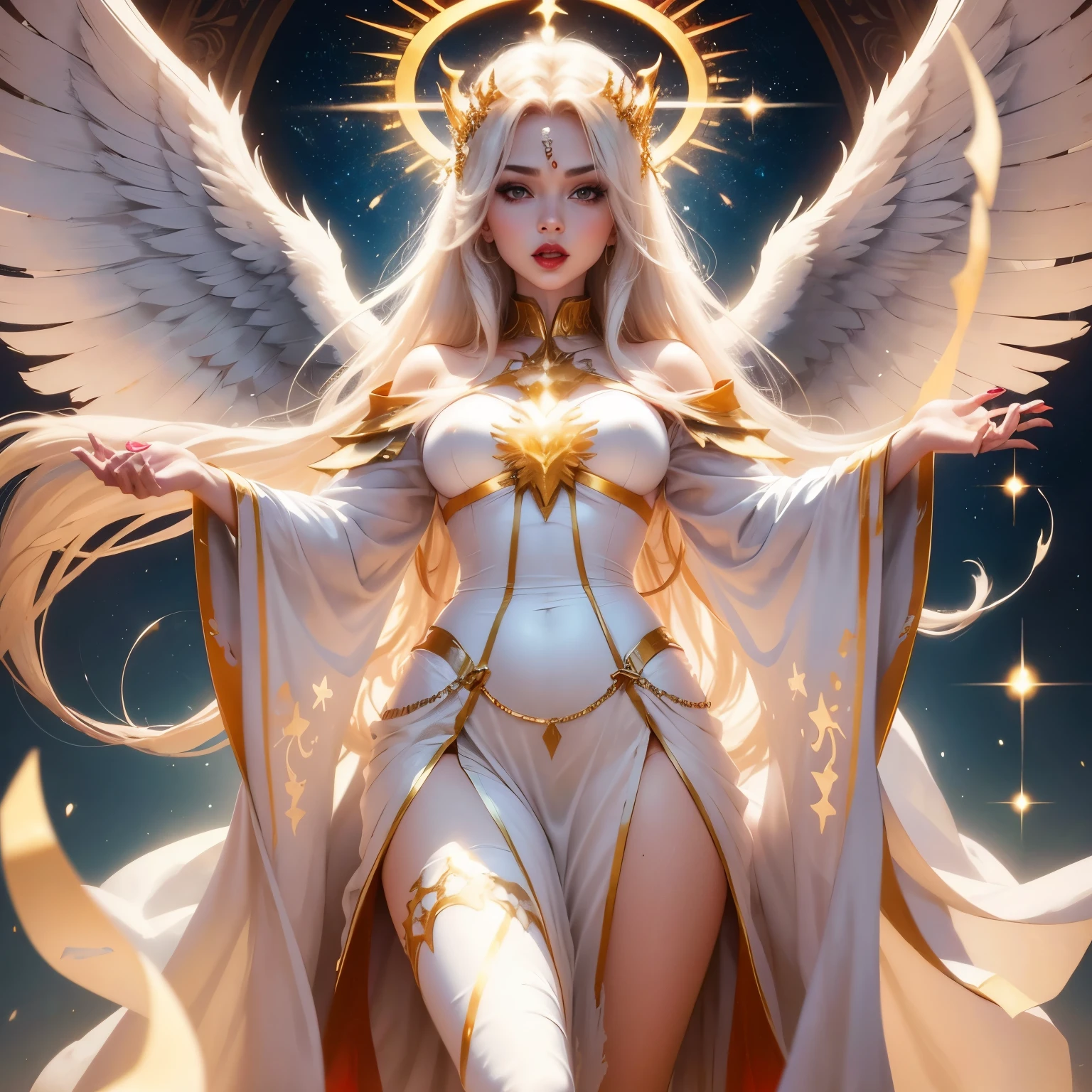 ((colorful dress, colorful theme, clothing, colorful theme, Very bright colors, Light particles)), symmetry, portrait, full body shot, accurate, 16k, highres, best quality, award winning, super detail, anatomically correct, masterpiece, retina, UHD, Ombre, Smile, Cleavage, Pure, High heels, Laces, Glitter, No bra, Offshoulder, Highly detailed facial and skin textures, Detailed eyes, Choker, Full body photoshoot, Full body, Far view, Full body in view, High heels in view, Attractive legs, Sexy legs, Tall legs, Slim figure, Dressed, (photorealistic: 1.4, clear: 1.2, perfect body: 1.4, beauty: 1.4, slim abdomen: 1.2, big breasts: 1.2, fit: 1.5, full-body shot: 1.4, random hairstyles: 1.2),((full body female angel, shining halo over head, extremely bright halo, halo)), 1 angel girl, shining wings, shining halo, exquisite headdress, beautiful female angel, large wings, white hair, white wings, on clouds, golden eyes, beautiful angel, attractive angel, clouds, glowing eyes