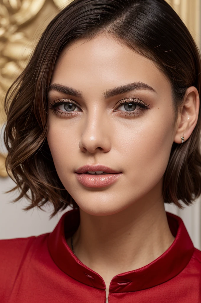 8k, highly detailed, very realistic, brunette, 28-year-old, curly black hair, brown eyes, roundish-almond eyes, natural eyebrows, bottom heavy red lips, red shirt, long foreteeth, speaking, perfect nose, perfect oval face, long chin, golden collar
