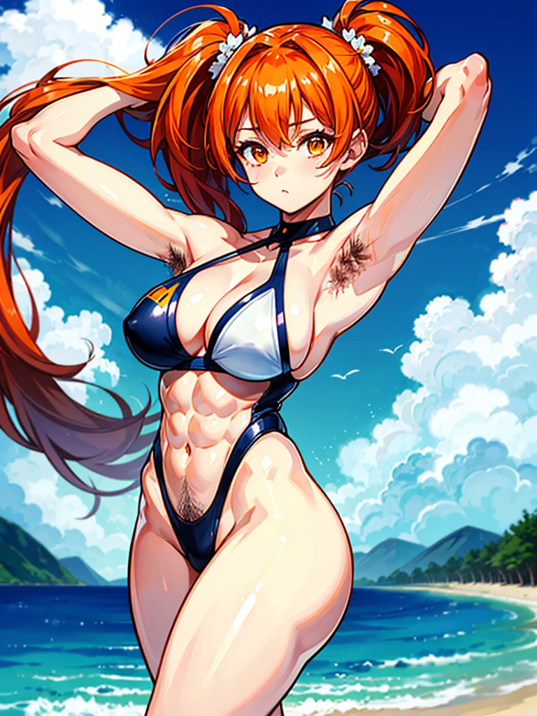 (((masterpiece、Highest image quality、highest quality、highly detailed unity 8kwallpaper)))、((Illustration of one girl))、(((beautiful girl)))、((orange hair、side ponytail、sidelocks:1.4、orange eyes))、(((stocky build, thickset physique:1.6, muscular legs, broad shoulders, solid chest)))、(((orange hairy armpits:1.4)))、(armpit hair:1.4)、swimsuit、sandy beach