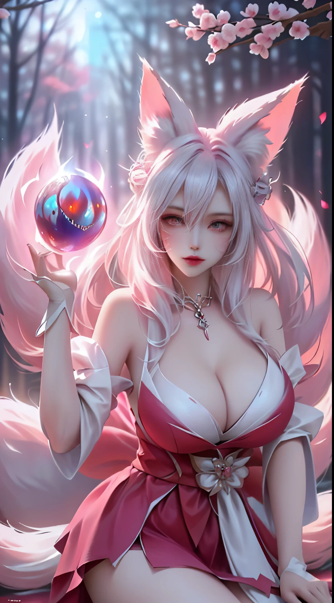 (Fox ears white hair girl，full bodyesbian，dynamicposes)，tmasterpiece，beautifuldetails，(((huge tit))),，Extremely colorful，Exquisite details，Delicate lips，The details are complex，Realiy，Ultra photo realsisim，A girl and a white-haired fox sit on a branch：1.1，Fox ears white hair girl，(Large breasts，cleavage，Raised sexy，seductiv，Enchanted，)，，(((huge tit))),ethereal fox，nine tail fox，Foxes have nine-tailed foxes，(Combat posture，combat scene，afloat，Red heart-shaped magic ball:1.3)，Onmyoji detailed art，Nine tails，A beautiful artwork illustration，mythological creatures，red fox，Beautiful digital artwork，Exquisite digital illustration，mizutsune , Inspired by the mythical creature wildnet，Digital art on Pixiv，strong lights，hight contrast，Horror movie theme，Dark atmosphere，Fighting posture