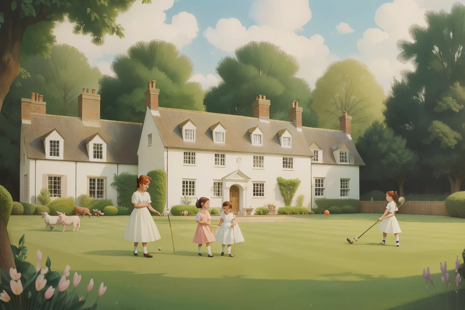 1960s English Country House Croquet Match (Location: Sussex):
Character: A teenage girl with auburn pigtails, dressed in a prim white dress, engaging in a croquet match.
Setting: The manicured lawns of a grand English country house in Sussex. Illuminate the genteel scene with Wes Anderson's pastel color palette, capturing the idyllic charm of a 1960s countryside afternoon.