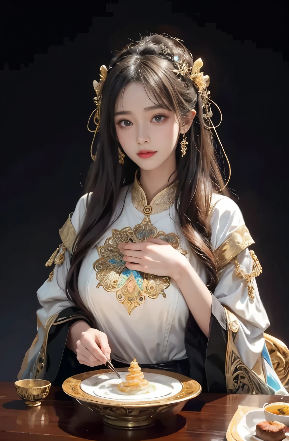 (masterpiece、highest quality、highest quality、official art、beautiful and aesthetic:1.2)、(1 girl)、extreme details、colorful、highest details、official art、unity 8k wallpaper、Super detailed、beautiful and aesthetic、big boobs、masterpiece、highest quality、(zentangle、mandala、tangle、Entanglement)、holy light、gold foil、gold foilアート、Glitter painting、Perfect NwsjMajmagic