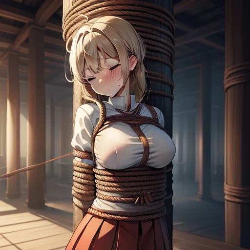 masterpiece,highest quality,very detailed,1 girl,alone,Whooping,face down,closed mouth,unconscious,close your eyes,Sweat,Sweatdrop,blush,very big breasts,
long hair,blonde,short sleeve,wet miko clothes,white sleeves,removed sleeve,red hakama,long skirt,White priestess uniform,
Wagon car tied up,BDSM,(((shibari over clothes,rope,bound,restrained,against pillars))),pillars,Triangle Trojan