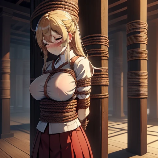 masterpiece,highest quality,very detailed,1 girl,alone,Whooping,face down,closed mouth,unconscious,close your eyes,Sweat,Sweatdrop,blush,very big breasts,
long hair,blonde,short sleeve,wet miko clothes,white sleeves,removed sleeve,red hakama,long skirt,White priestess uniform,
Wagon car tied up,BDSM,(((shibari over clothes,rope,bound,restrained,against pillars))),pillars,Triangle Trojan
