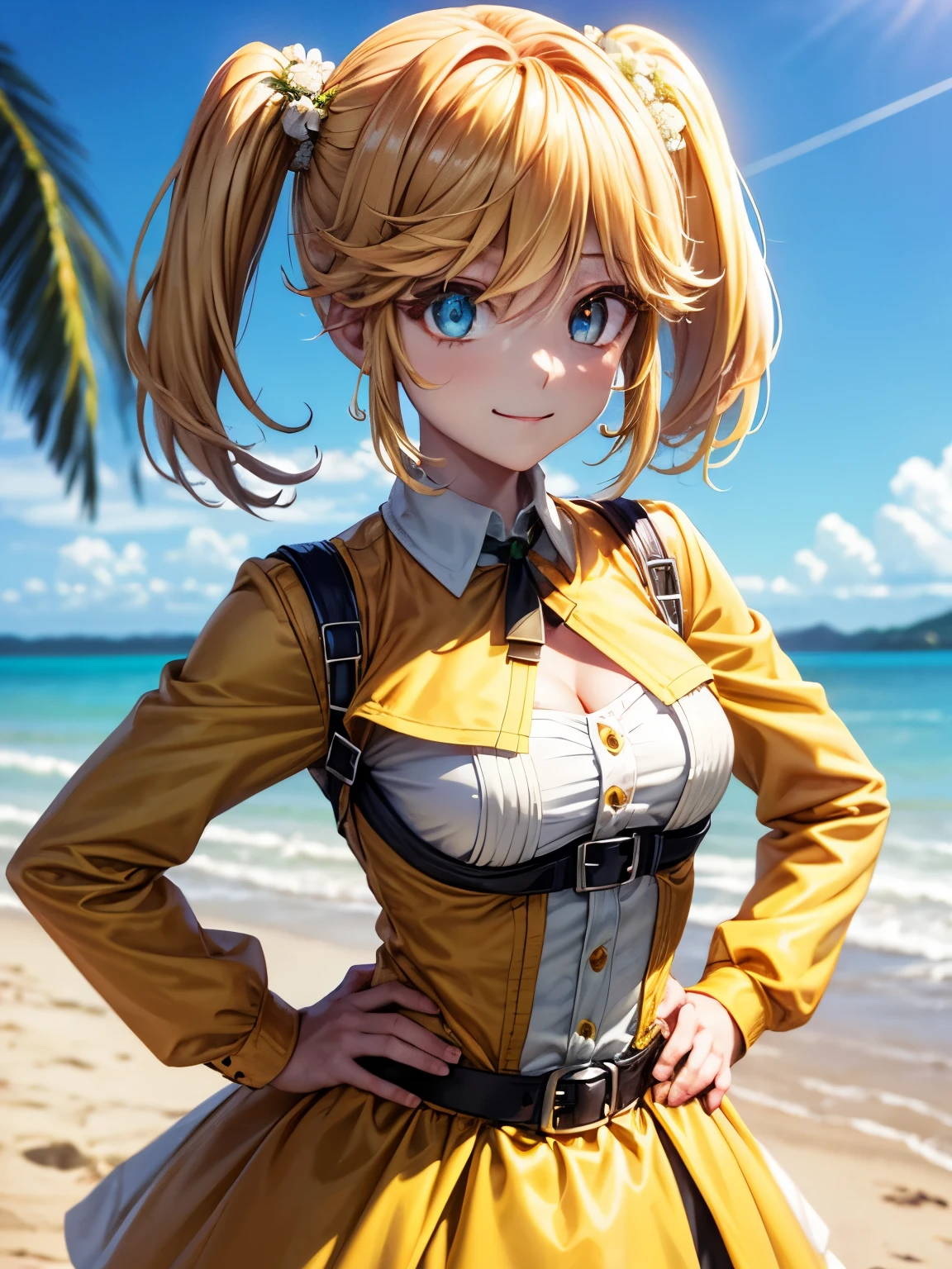 Golden hair, hair ornaments, hair above one eye, hair clip, twin tails, twin tails,whole body、smile、sexy 、　Appearance is、white shirt、Yellow jacket,, white shirt, yellow jacket, The line of sight is、 looking at viewer,、closed mouth、Location、 outdoor, beach,　break (masterpiece:1.2), highest quality, High resolution, unity 8k wallpaper, (figure:0.8), (beautiful and fine eyes:1.6), highly detailed face, perfect lighting, Very detailed CG, (perfect hands, perfect anatomy),beachに座る、hands on hips