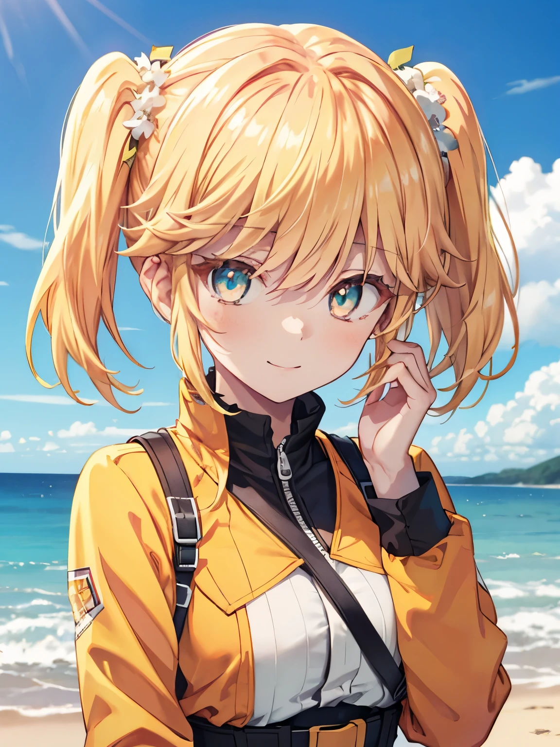 High resolution、tart 、Golden hair, hair ornaments, hair above one eye, green eye、hair clip, twin tails, twin tails,whole body、smile、sexy Appearance is、white shirt、Yellow jacket,, white shirt, yellow jacket, The line of sight is、 looking at viewer, Location、 outdoor, beach, break (masterpiece:1.2), highest quality, High resolution, unity 8k wallpaper, (figure:0.8), (beautiful and fine eyes:1.6), highly detailed face, perfect lighting, Very detailed CG, (perfect hands, perfect anatomy)