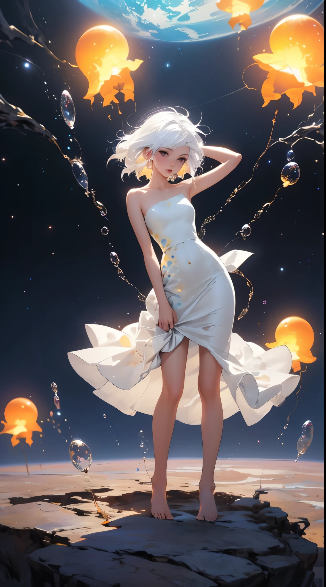 (tmasterpiece, Best quality at best:1.2), (ultra - detailed),(lamplight), Wallpapers, Original,
1 girl, Messy White Hair, thin shoulder strap, White dress, bare-legged, The barefoot, Naked arms, the space, Earth background, Low Earth orbit,
,(Surrounded by colorful spots and dots),Colorful bubbles,(Shiny)
