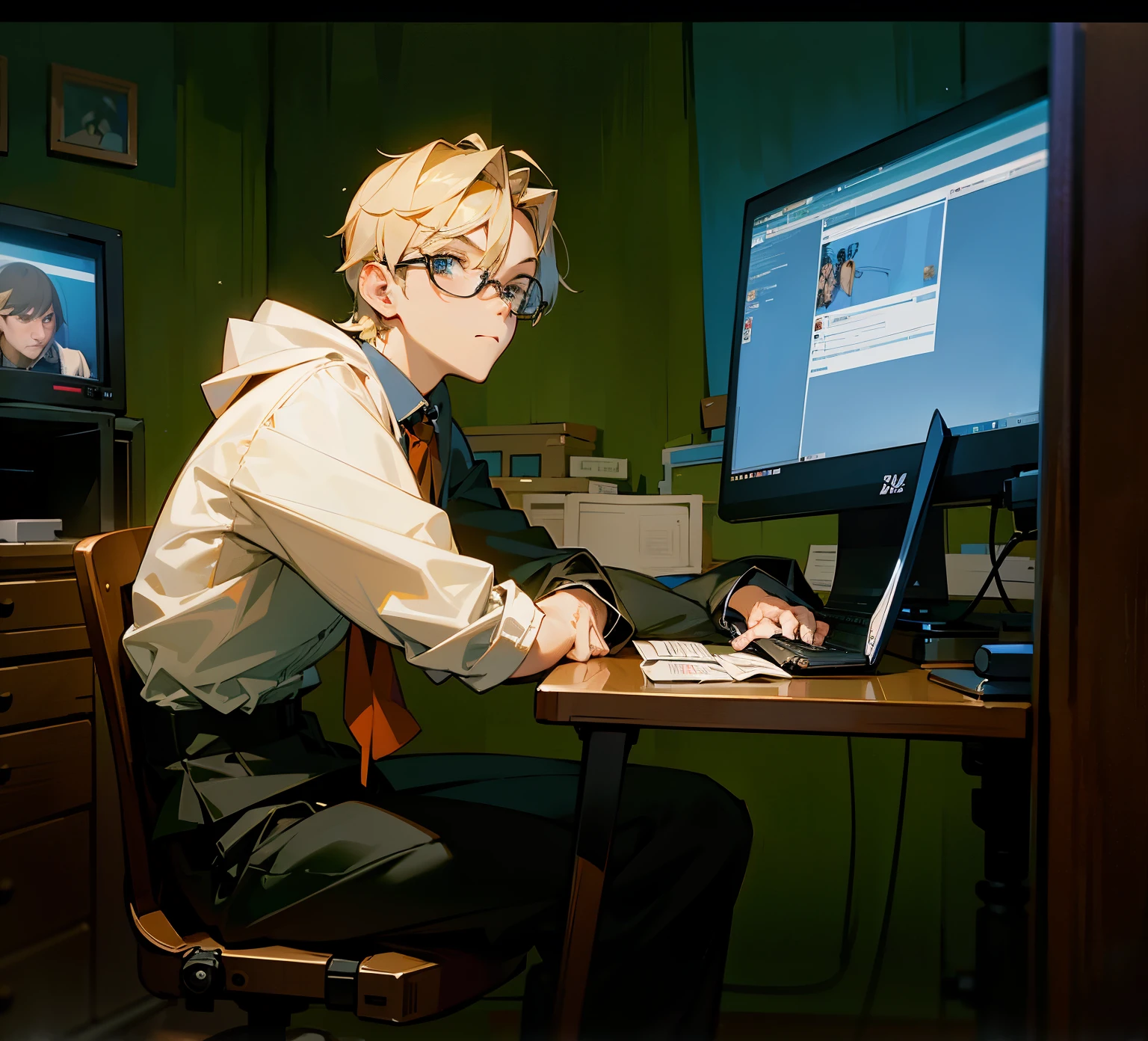 тощий парень sits at the computer, sits at the computer, sitting at a table, sitting in front of computer, Very skinny guy, dystrophic, sits at the computer, sitting at a table, Very skinny guy в рубашке, shirt