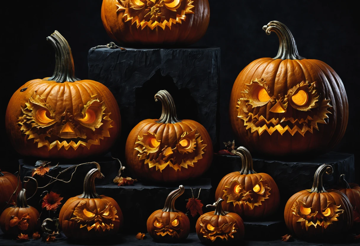 (pumpkin carving art:1.42),impressive pumpkin carving exhibition,peculiar and original pumpkin designs,vibrant and detailed pumpkin carvings,skilled craftsmanship,highly intricate pumpkin sculptures,(best quality,4k,8k,highres,masterpiece:1.2),ultra-detailed pumpkin carvings,(realistic,photorealistic,photo-realistic:1.37),enthralling textures and shadows,mesmerizing play of light and shadow over the pumpkins,impressive display of creativity and skillful execution,striking contrast between illuminated and dark areas,exquisite details on every pumpkin sculpture,meticulously carved patterns and shapes,impressive artistry and attention to detail,pumpkins as unique works of art with personality and character,amazing display of talent and imagination,captivating atmosphere in the exhibition venue,vivid colors and lifelike expressions on the pumpkins,radiant glow and warm hues from candle-lit pumpkins,dynamic composition and visually arresting arrangements,authentic and traditional pumpkin carving techniques,meticulously selected pumpkin sizes and shapes for diverse visual impact,artistic interpretation of various themes and subjects on the pumpkins,meticulously chosen props and backgrounds to enhance the storytelling,narrative quality in the overall display,immersing viewers in a magical world of pumpkin carvings,professional sculpture techniques applied on pumpkins,stunning visual effects achieved through lighting and shadow play,visually stunning centerpiece pumpkin sculptures,impressive craftsmanship and attention to detail on every pumpkin,seamless integration of sculpted pumpkins with surrounding environment,artistic storytelling through the intricate pumpkin carvings,immersing viewers in the spirit of Halloween,(horror,concept artists) inspired elements and designs incorporated on the pumpkins,(HDR,UHD) photography capturing every intricate detail,superb clarity and sharpness of the pumpkin sculptures,engaging and inspiring exhibition for pumpkin carving enthusiasts