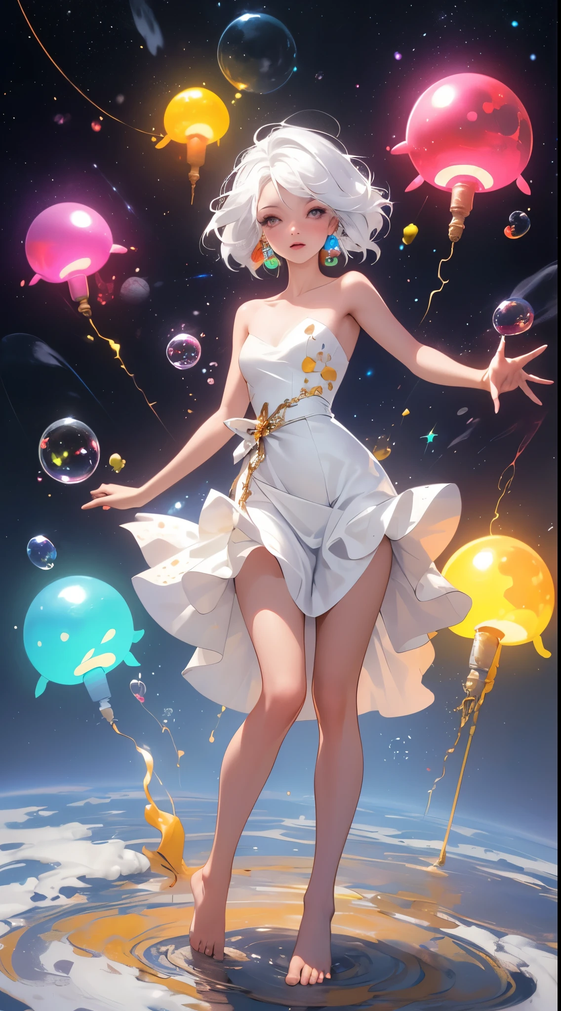 (tmasterpiece, Best quality at best:1.2), (ultra - detailed),(lamplight), Wallpapers, Original,
1 girl, Messy White Hair, thin shoulder strap, White dress, bare-legged, The barefoot, Naked arms, the space, Earth background, Low Earth orbit, 
,(Surrounded by colorful spots and dots),Colorful bubbles,(Shiny)