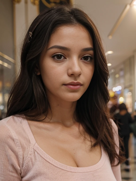 Foto de uma mulher morena de 20 anos, que tem um rosto muito natural,  labios finos, olhos finos, sobrancelhas finas, nariz fino, brincos, long eyelashes. Ela faz uma foto fofa em shopping  em Paris,  andando e olhando para o espectador de corpo inteiro ,  com roupas pretas e rosa 🌹 