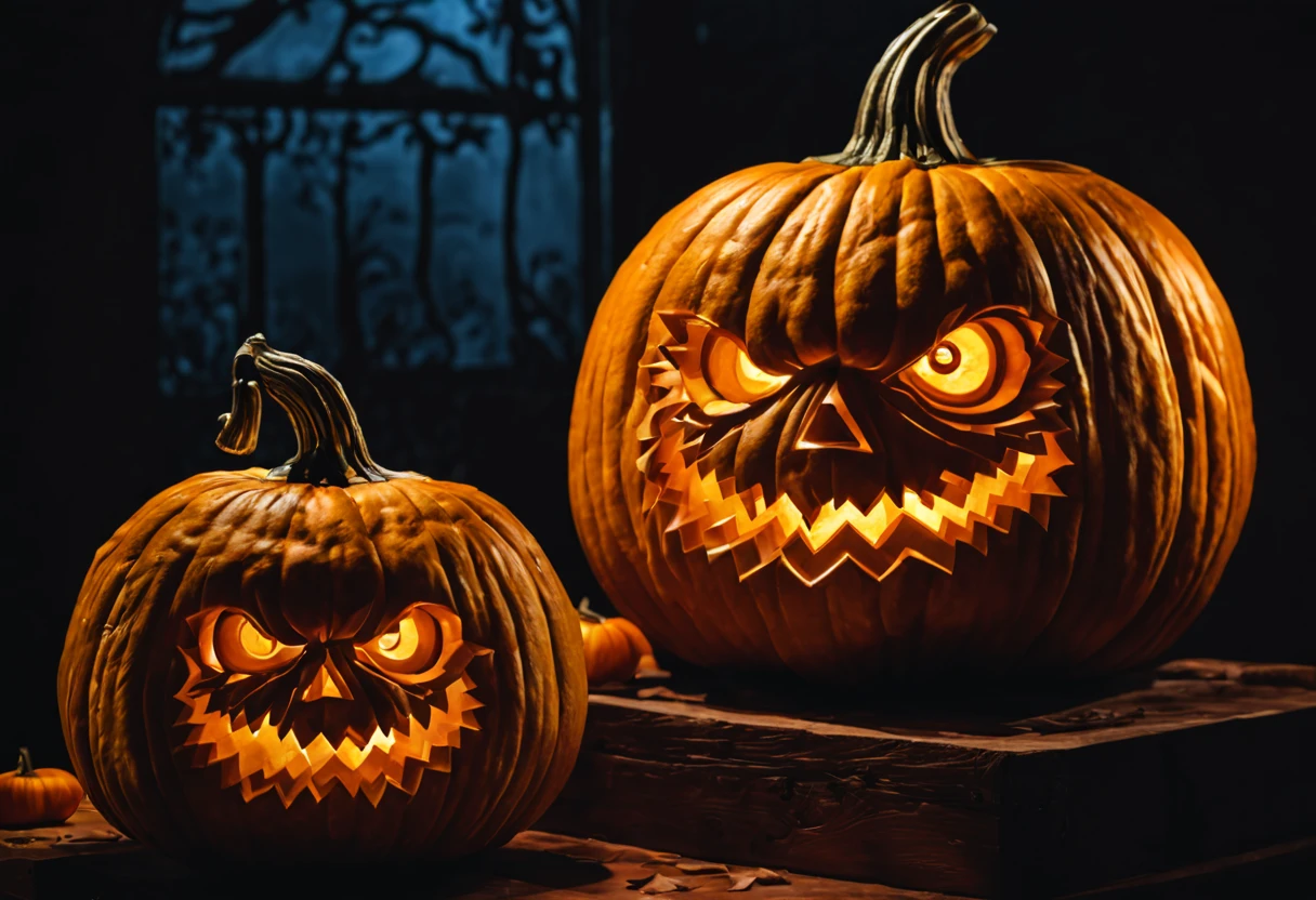 (pumpkin carving art:1.42),impressive pumpkin carving exhibition,peculiar and original pumpkin designs,vibrant and detailed pumpkin carvings,skilled craftsmanship,highly intricate pumpkin sculptures,(best quality,4k,8k,highres,masterpiece:1.2),ultra-detailed pumpkin carvings,(realistic,photorealistic,photo-realistic:1.37),enthralling textures and shadows,mesmerizing play of light and shadow over the pumpkins,impressive display of creativity and skillful execution,striking contrast between illuminated and dark areas,exquisite details on every pumpkin sculpture,meticulously carved patterns and shapes,impressive artistry and attention to detail,pumpkins as unique works of art with personality and character,amazing display of talent and imagination,captivating atmosphere in the exhibition venue,vivid colors and lifelike expressions on the pumpkins,radiant glow and warm hues from candle-lit pumpkins,dynamic composition and visually arresting arrangements,authentic and traditional pumpkin carving techniques,meticulously selected pumpkin sizes and shapes for diverse visual impact,artistic interpretation of various themes and subjects on the pumpkins,meticulously chosen props and backgrounds to enhance the storytelling,narrative quality in the overall display,immersing viewers in a magical world of pumpkin carvings,professional sculpture techniques applied on pumpkins,stunning visual effects achieved through lighting and shadow play,visually stunning centerpiece pumpkin sculptures,impressive craftsmanship and attention to detail on every pumpkin,seamless integration of sculpted pumpkins with surrounding environment,artistic storytelling through the intricate pumpkin carvings,immersing viewers in the spirit of Halloween,(horror,concept artists) inspired elements and designs incorporated on the pumpkins,(HDR,UHD) photography capturing every intricate detail,superb clarity and sharpness of the pumpkin sculptures,engaging and inspiring exhibition for pumpkin carving enthusiasts