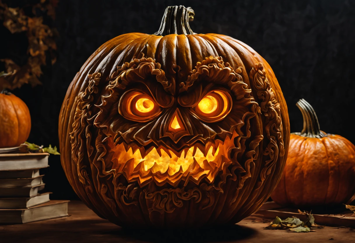 (pumpkin carving art:1.42),impressive pumpkin carving exhibition,peculiar and original pumpkin designs,vibrant and detailed pumpkin carvings,skilled craftsmanship,highly intricate pumpkin sculptures,(best quality,4k,8k,highres,masterpiece:1.2),ultra-detailed pumpkin carvings,(realistic,photorealistic,photo-realistic:1.37),enthralling textures and shadows,mesmerizing play of light and shadow over the pumpkins,impressive display of creativity and skillful execution,striking contrast between illuminated and dark areas,exquisite details on every pumpkin sculpture,meticulously carved patterns and shapes,impressive artistry and attention to detail,pumpkins as unique works of art with personality and character,amazing display of talent and imagination,captivating atmosphere in the exhibition venue,vivid colors and lifelike expressions on the pumpkins,radiant glow and warm hues from candle-lit pumpkins,dynamic composition and visually arresting arrangements,authentic and traditional pumpkin carving techniques,meticulously selected pumpkin sizes and shapes for diverse visual impact,artistic interpretation of various themes and subjects on the pumpkins,meticulously chosen props and backgrounds to enhance the storytelling,narrative quality in the overall display,immersing viewers in a magical world of pumpkin carvings,professional sculpture techniques applied on pumpkins,stunning visual effects achieved through lighting and shadow play,visually stunning centerpiece pumpkin sculptures,impressive craftsmanship and attention to detail on every pumpkin,seamless integration of sculpted pumpkins with surrounding environment,artistic storytelling through the intricate pumpkin carvings,immersing viewers in the spirit of Halloween,(horror,concept artists) inspired elements and designs incorporated on the pumpkins,(HDR,UHD) photography capturing every intricate detail,superb clarity and sharpness of the pumpkin sculptures,engaging and inspiring exhibition for pumpkin carving enthusiasts