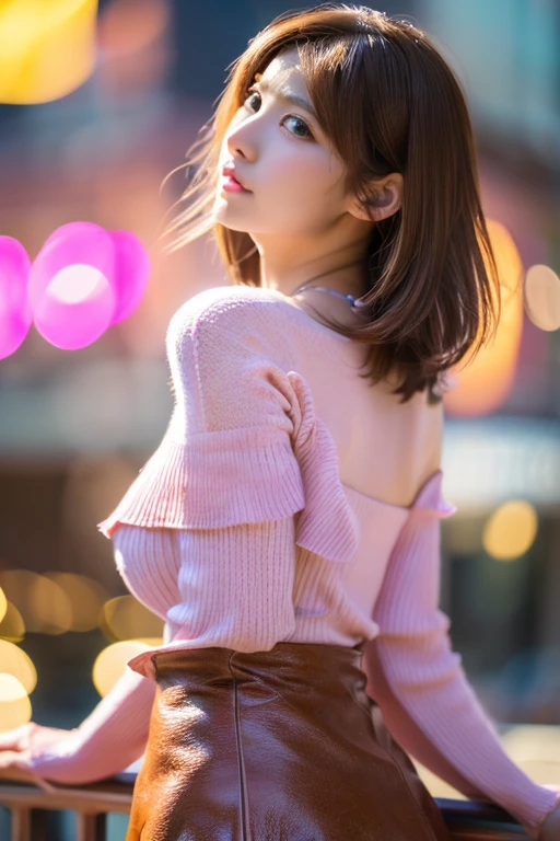 ((((medium hair))))、((((brown hair))))、highest quality、8K、HDR、High resolution、background blur、photograph、(intricate details:1.2)、1 girl、solo、japanese girl、beautiful girl、((((medium breasts)))、Perfect for your skin、long eyes、detailed pupil、(pink high neck knit、pink leather skirt、pink high heels、off shoulder)、roof of the building、colorful lights、((night))、hair fluttering、Translucency、look up