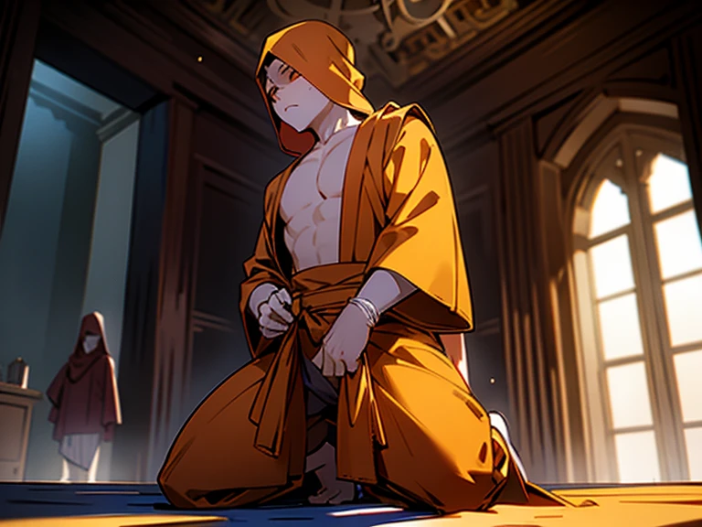 NSFW, hyper-realistic, cinematic wide shot, 2boys, no girl, bald, covered head and face with bag and mask, all person wear a bag overhead, show no face at all, Buddhist Thai monks, covered the head fit tied with shiny saffron spandex fabric, wearing a saffron orange robe, covered body head to toe, covered head and face with saffron robe tightened, look-alike a mannequin, no face, kneeling masturbating in the glass box in the ruin of dark abandoned Thai grand palace, highly detailed, deep aesthetic, highly ornate intricate details, god ray,