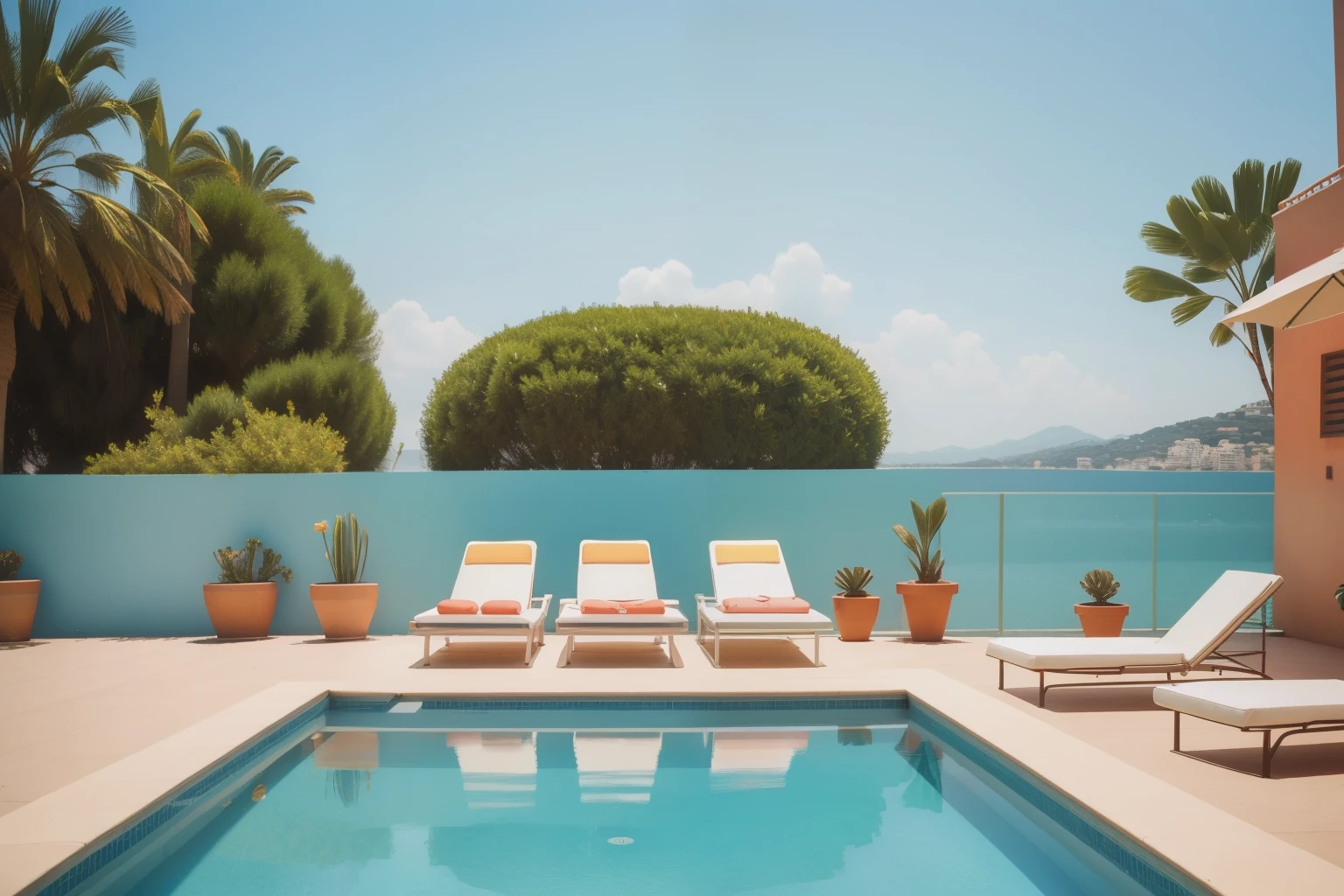 1980s French Riviera Poolside Soiree (Location: Côte d'Azur):
Character: A young woman in her twenties with sleek black hair, lounging by a sparkling pool in a stylish swimsuit.
Setting: A glamorous poolside in the French Riviera, where she enjoys a solitary sunbathing session. Illuminate the scene with Wes Anderson's chic and sunlit color palette, capturing the elegance of 1980s Riviera leisure.