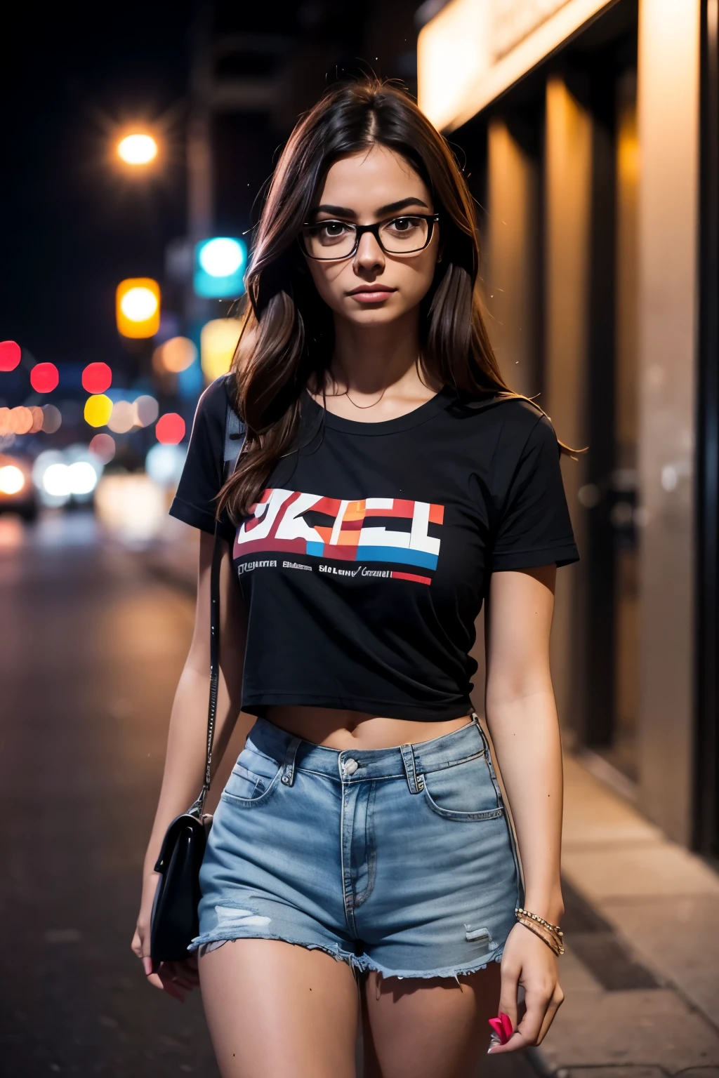 A woman, wearing glasses, t-shirt and hotpants, walking in the street at night
