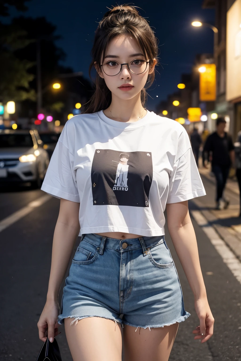 Arafed woman in a white shirt and denim shorts walking down a street ...