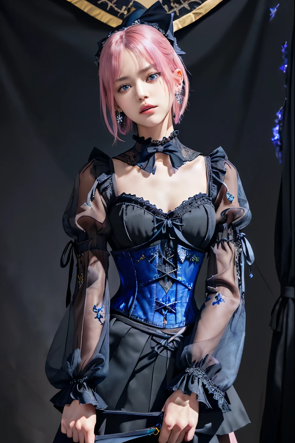 (8K, top-quality, masterpiece:1,2), (reallistic, Photorealsitic:1.37), Super Detail, One girl,), (Highly detailed), (beautifully detailed eyes), (of the highest quality), (super detailed ), (masterpiece), (Detailed face),20yr old, ,1 girl, full body, ((pink hair:1.5 ,Very short hair)), medium breasts, clothed, Perfect Lighting, pussy and breast focus, looking at viewer, aroused face, naughty face, ((Lazuli color:1.3) Gothic Lolita very long dress with lace details:1.2), (dress with frill details:1.2), (very wide Lazuli collar with ribbon on the chest:1.3), ((black color:1.2) corset-style waist:1.5), (black blouse with long sleeves:1.3). (black blouse with long wide (kimono:0.6) sleeves:1.5), (black cross earrings:1.5), (long black tights:1.5), (black platform shoes), (dark Lazuli color head-dress), (very long skirts is bell-shaped:1.4), (long skirts has black frills at hem:1.4), (frill skirts decorated with black ribbons and lace:1.4), (detailed layered skirts:1.5), (pleated skirts:1.5), (skirts with embroidery of small black cross motifs:1.4), ((very long (dark Lazuli:1.2) ribbon hanging:1.3) from the waist:1.3)