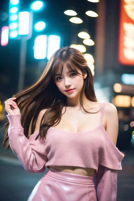 ((((long hair))))、((((brown hair))))、highest quality、8K、HDR、High resolution、background blur、photograph、(intricate details:1.2)、1 girl、solo、japanese girl、beautiful girl、((((medium breasts)))、Perfect for your skin、long eyes、detailed pupil、(pink high neck knit、pink leather skirt、pink high heels、off shoulder)、roof of the building、colorful lights、((night))、hair fluttering、Translucency、Backlight、whole body、from below(beholder)