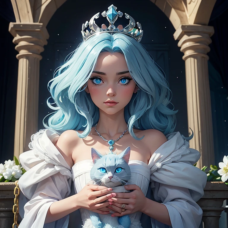 Un chat blanc au yeux bleus , angora , avec un collier et une fleur dans les cheveux et une couronne de roi, un chat noir aux yeux verts , with chains