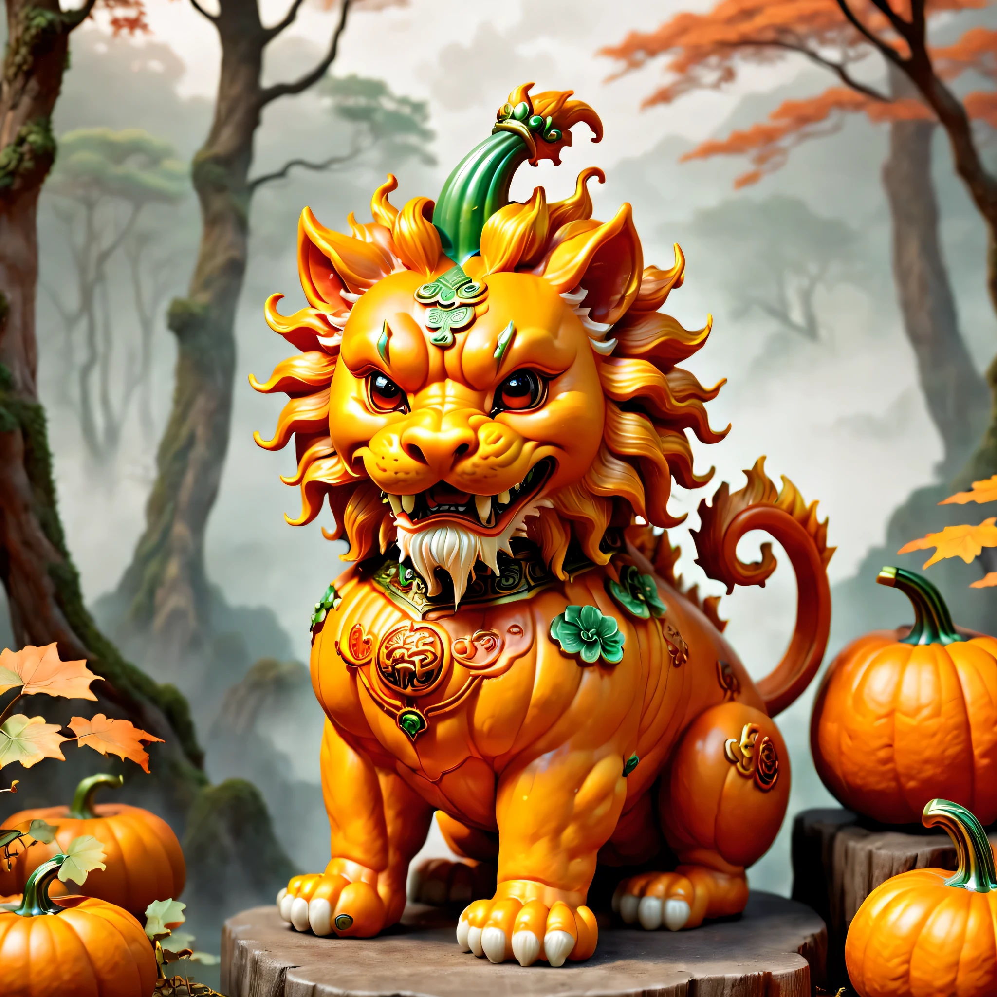 Lovely IP, Blind box style, Chinese mythology Rui beast Pixiu, Shaped like a lion, faucet, horse body, at the foot of the forest, Surrounded by Chinese auspicious clouds, solid color background, rich and colorful, whole body, Delicate picture quality, Looking into the distance, ((Pumpkin carving)), Bright iridescent highlights, Clean and transparent,natural lighting, Overclocked rendering, 3D modeling, ((pumpkin texture)), HD quality, 8k, solid color background, whole body