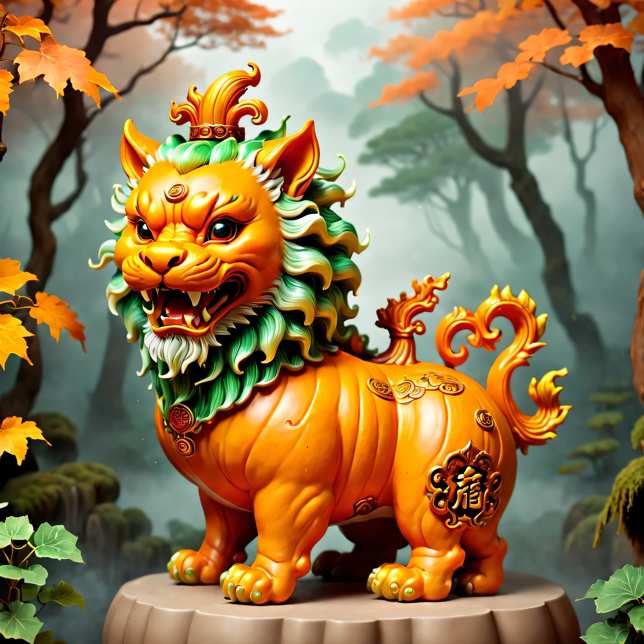 Lovely IP, Blind box style, Chinese mythology Rui beast Pixiu, Shaped like a lion, faucet, horse body, at the foot of the forest, Surrounded by Chinese auspicious clouds, solid color background, rich and colorful, whole body, Delicate picture quality, Looking into the distance, ((Pumpkin carving)), Bright iridescent highlights, Clean and transparent,natural lighting, Overclocked rendering, 3D modeling, ((pumpkin texture)), HD quality, 8k, solid color background, whole body